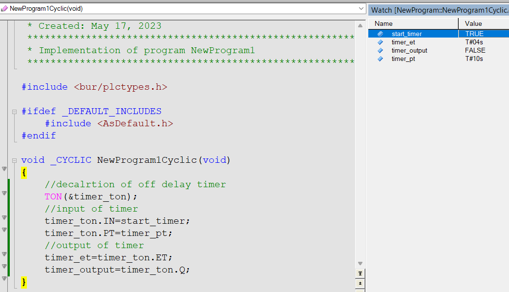 B&R automation studio On delay timer (TON) in C programming